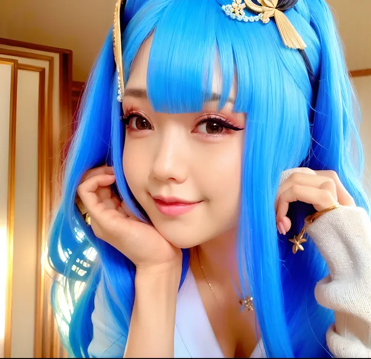 araffe asian woman with long blue hair posing for a picture, dilraba dilmurat, beautiful south korean woman, with cute - fine - face, young cute wan asian face and blue hair tatoos xintong chen, cute korean actress, tzuyu from ktwice, korean girl, ulzzang,...