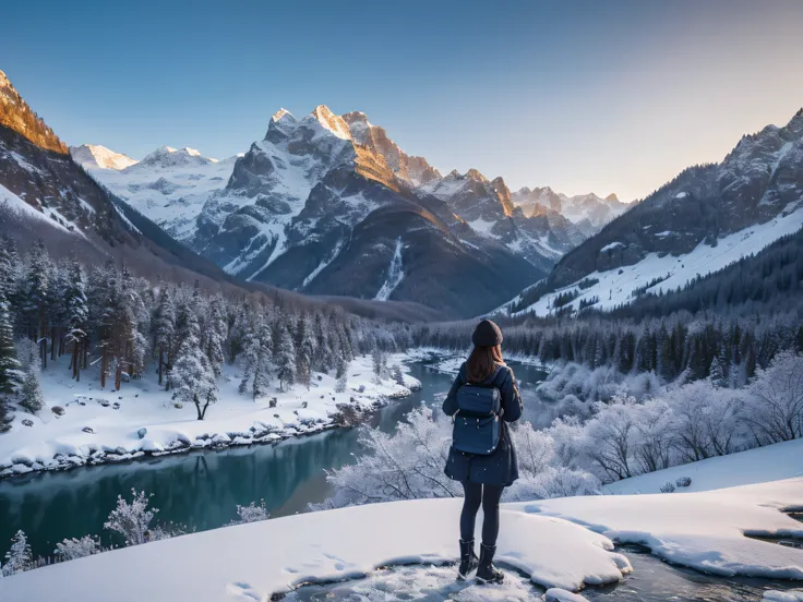 超A high resolution、An ultra-high picture quality、8K、Detailed details、marvelous expression、Midwinter valley、The snow falling is beautiful.、Its cold enough to freeze even in mountain streams、Girl standing in front of the valley