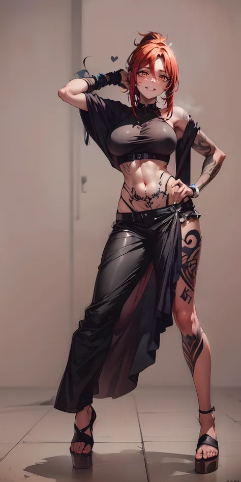 tattoo, arm_tattoo, pubic_tattoo, shoulder_tattoo, stomach_tattoo, body_writing, 1girl, leg_tattoo, chest_tattoo, black_hair, solo, back_tattoo, long_hair, sandals, facial_tattoo, navel, breast_tattoo, standing, full_body_tattoo, hand_on_hip, breasts, midr...