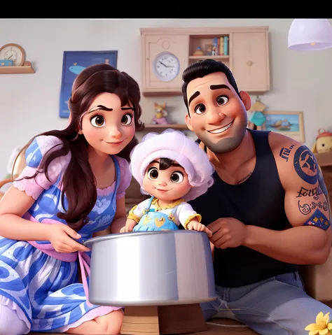 Uma mulher,  A baby girl and a latin man, estilo disney pixar, highes definition