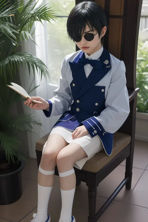 (Best Quality,4k,8k,highres,巨作:1.2),A highly detailed,(Realistic,Realistic Photos,Realistic Photos:1.37),portrait,anime,Phantomhive Sky,boy,10 years old,,dark hair,Intense look,pale skin,Royal Uniform,Classic Victorian style,Stylish clothes,Feather has,Gol...