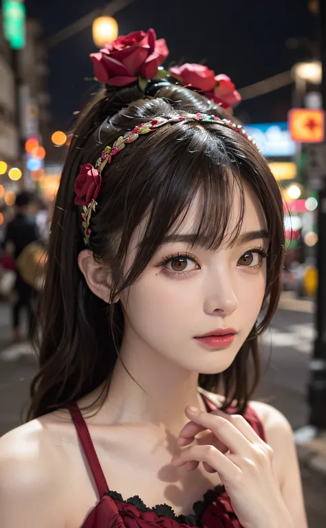 1girl, Tokyo street,night, cityscape,city lights, upper body,close-up, 8k, RAW photo, best quality, masterpiece,realistic, photo-realistic,headgear of red rose, parted bangs, long hair,