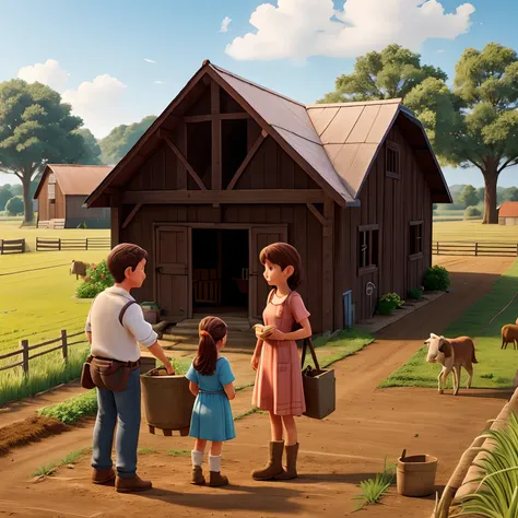 A building lending money to a family outside a farm with a daughter, a girl, a mother and a father who are farmers