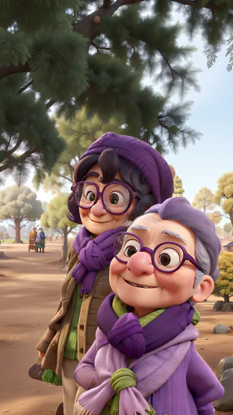 masterpiece, best quality, an old woman with glasses and a scarf on, wearing a purple coat and green scarf, standing at the park