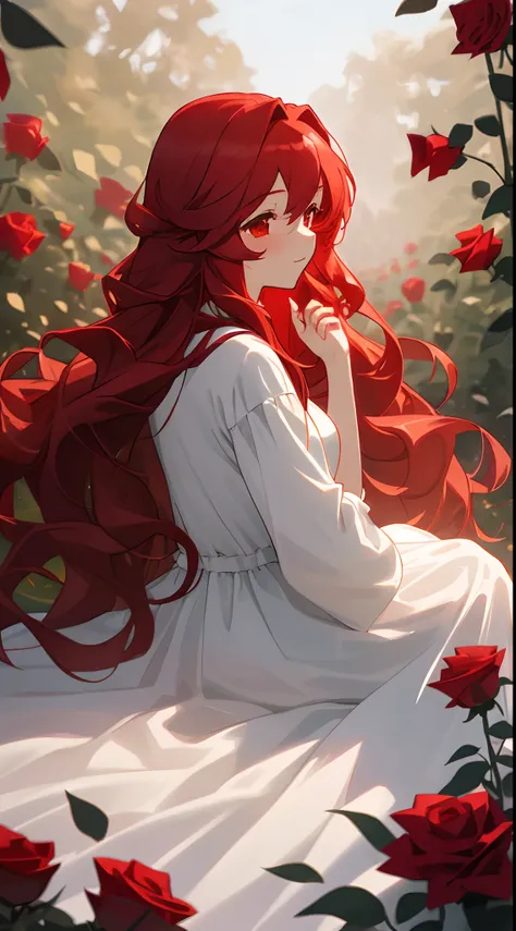 （tmasterpiece，Best quality），1 long red-haired girl sitting in a field of roses，her hand under her chin，warmly lit，white dresses， Looking back gloomily Red eyes