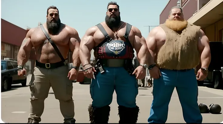 three men in costumes are standing in a parking lot, muscular characters, three hairy fat cave people, serious sam as smash characters, heavy looking, thicc, movie screen shot, strongman, manly monster tough guy, wwe, muscular!!, movie screencap, big arms,...