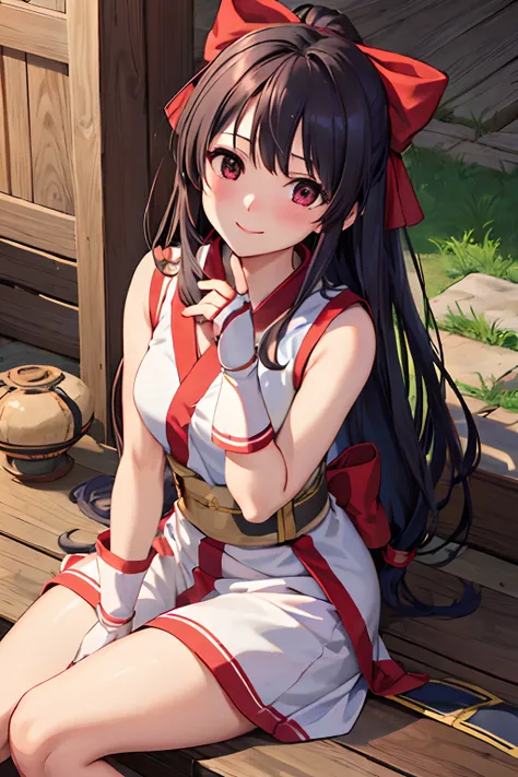 (masutepiece, Best Quality, High resolution, Unity 8k壁纸, extremely details CG:1), (Illustration:1.0), 1girl in,Solo,  nakorurums , Bow, shairband, ainu clothes, red ribbon,Fingerless gloves,Sleeveless,Sitting,blush,smile