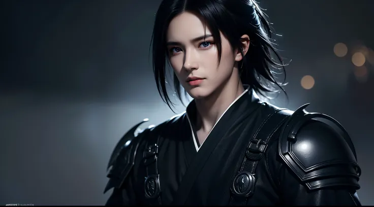 An 8k masterpiece, highest resolution, every detail, meticulous detail, depth of field, bright colors, beautiful composition: anime character Sasuke impresses with his black hair and glowing eyes Beautifully detailed lighting, standing against a dark and o...