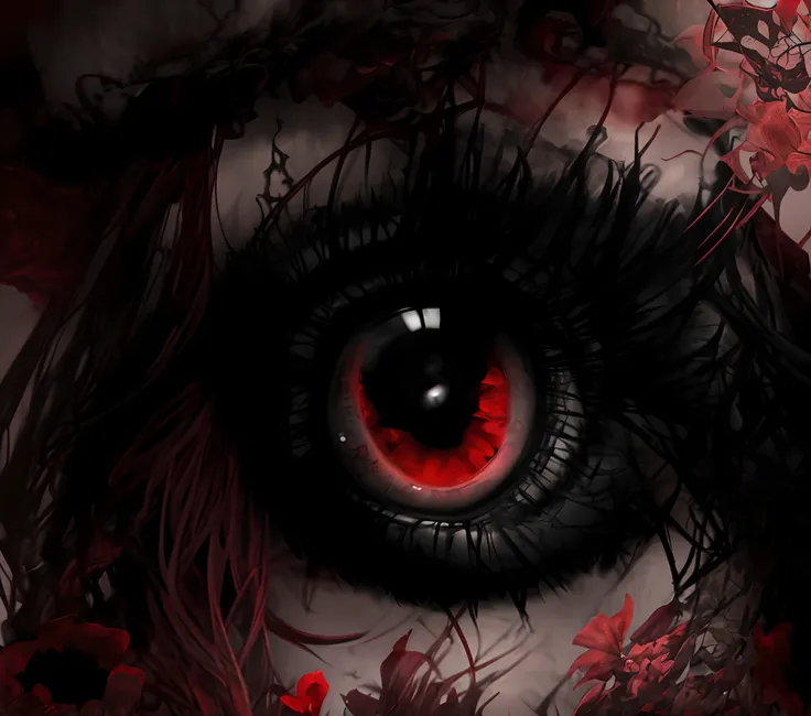 A girl with devil eyes, intense gaze, and red eye color, wearing a vibrant red dress, stands in a mystical garden illuminated by a full moon. The garden is filled with exotic flowers, their petals reflecting the eerie red light. The girls eyes are mesmeriz...