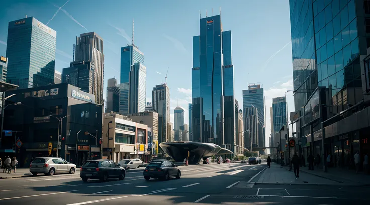 Big futuristic city scene from the ground