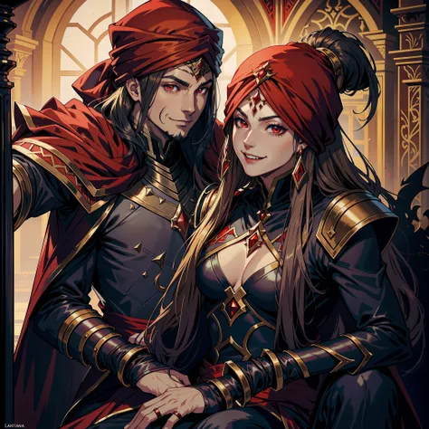 Castlevania Hyper Realistic Shadow Lord Super Detailed Dynamic Shooter The Centerpiece of Lord Dracula Medieval Arab Warrior with Red Turban Smiling A Smile of Relief in front of His Red Turban Princess