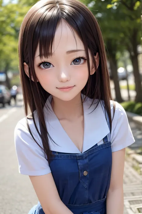 13years、brown haired、beautidful eyes、real looking skin、hi-school girl、a sailor suit、small tits、(8K、​masterpiece)、(reallistic、Photorealsitic)、top-quality、ighly detailed、The ultra-detailliert、Beautie、cute little、japanes、Idol、a smile、Close-up portrait、Healthy...