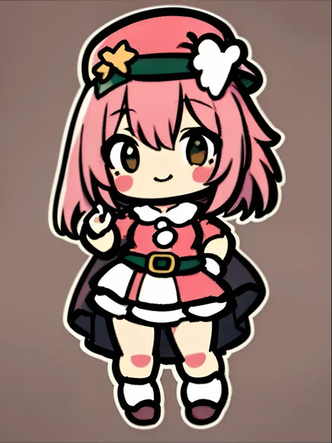 a sticker、top-quality、hight resolution、​masterpiece、8K、Chibi、Silly、1beautiful girl、kawaii、Rabbit ears、Pink shorthair、A smile、Santa Claus Costume、Raise one arm、Pointing with your hand、Santa Claus hat、a miniskirt、