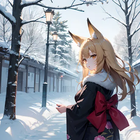 Golden Fox、Lots of Tails、(Golden Eyes、length hair、Golden hair,a large amount of hair)、1 girl in、Childish girl、Traditional kimono、Black kimono、a lot of big fox tails、Golden Eyes、Fox ears、length hair、(Golden hair)、Beautiful face、a large amount of hair、Thick ...