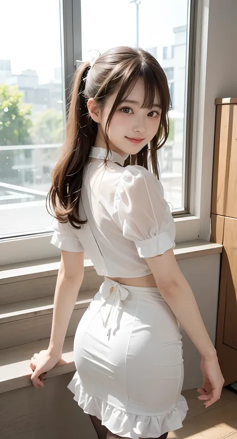 (((blue-sky、A smile、In the office、In the company、Climbing stairs、from the rear、frombelow、up skirt)))、(In a blouse with white ruffles、pencil skirts、shortsleeves:1.5)Pretty Girl VN02, 1girl in, Solo, masutepiece, 1girl in, best qualtiy, Ultra Detail, (shiny)...