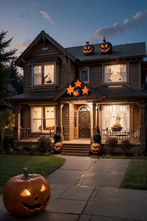 Generate a realistic imgaem of houses decked out with a Halloween theme and with Canadian flags on them