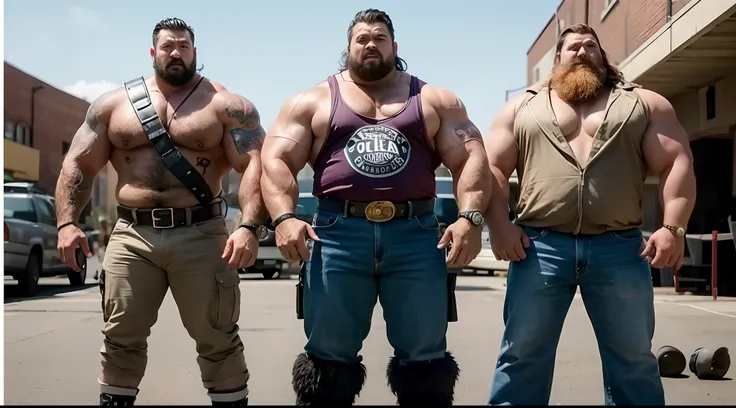 three men in costumes are standing in a parking lot, muscular characters, three hairy fat cave people, serious sam as smash characters, heavy looking, thicc, movie screen shot, strongman, manly monster tough guy, wwe, muscular!!, movie screencap, big arms,...