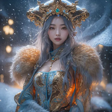 cinematic cgsociety，Fly the Nine-Tailed Light Blue Sky Division Flame Hairy Bear Star，Erotic，Torch Night Black Gold Orange Brocade Silk Snake Print Silk Pants，Rouge diamond tulle sheer lizard-patterned leggings，Fat woman flying in the snow in space，Front v...