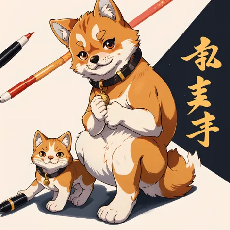 Copic marker illustration in a Japanese manga style of a Shiba Inu, mimicking the pose of a Maneki Neko,