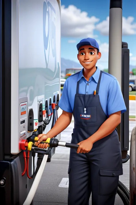 Smiling gas station attendant fueling truck