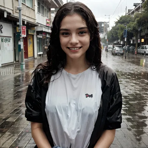 woman, 20 years old, attractive, rain, wet hair, wet clothes, sidewalk in the afternoon, perfect face, smiling, cute