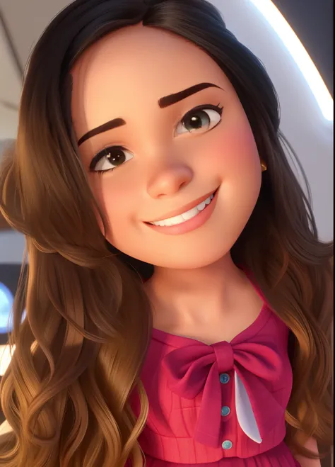 Uma mulher morena com cabelo cacheado sorrindo estilo disney pixar, alta qualidade, melhor qualidade