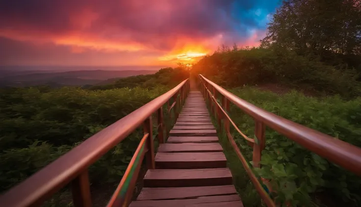 Close-up of the staircase leading to the rainbow sky, stairway to heaven, A very colorful paradise, stairs from hell to heaven, Leads to the sky, Rainbow clouds, The colors of heaven, rainbow trail, Colorful sky, Rainbow clouds, Heaven!!!!!!!!, Rainbow, Ra...