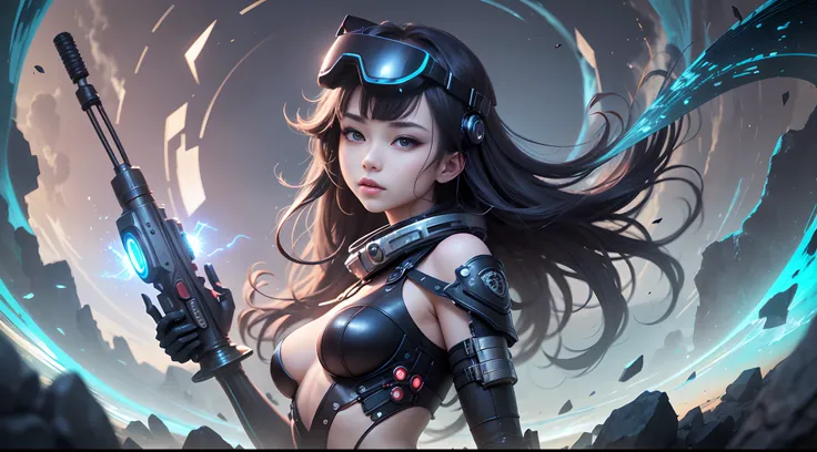 Imagine a stunning Japanese anime heroine in a cybernetic future. She wears an advanced VR headset and finds herself immersed in a fairytale virtual world. Shards of digital magic surround it, creating an enchanting aura. Elle incarne la fusion entre la te...