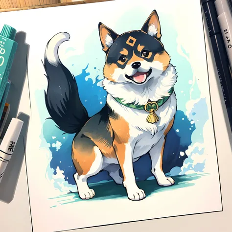 Copic marker illustration in a Japanese manga style of a Shiba Inu, mimicking the pose of a Maneki Neko,