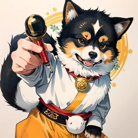 Copic marker illustration in a Japanese manga style of a Shiba Inu, mimicking the pose of a Maneki Neko,