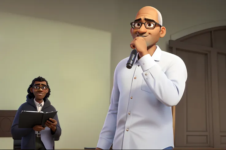 Character based on Disney Pixar 3D, dark-skinned man 1.74 tall, wearing round glasses, no beard and goatee, bald, Pastor, thin, with a white shirt, a microphone in his hand, inside the church