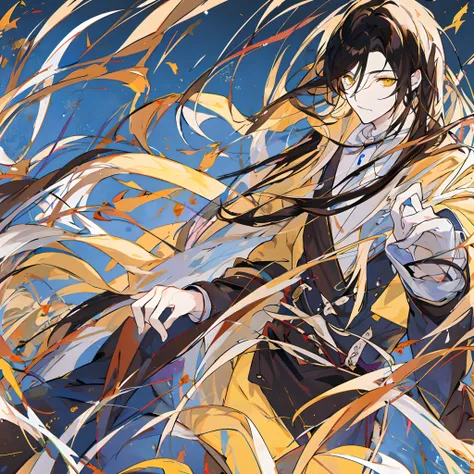 20-year-old man, Standing alone, Yellow pupils, Cold personality，The expression was serious，Long black hair fluttering， Wooden hairpin, Brown and yellow shawls, Brown and yellow robes, Brown and yellow scarves，Dusk background, Optimize the pupils, Optimize...