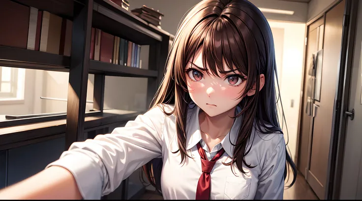 Brown hair, hi-school girl, Get a little angry, Longhaire, a room, in school uniform, White shirt, neck tie, Anime, Anime style, masutepiece, 4K, Textured skin, Super Detail, Best Quality, awardwinning