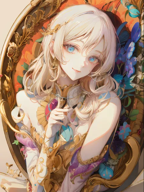 ​masterpiece: 1.7, top-quality、(Highly detailed CG、ultra-detailliert、Best Shadow:1.3)、Painterly、sketch、Paper texture、超A high resolution、独奏、Beautuful Women、Cinderella、white  hair、The upper part of the body、lite smile、extra detailed face、flat-colors、Highly d...