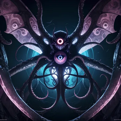 [extremely huge butterfly on background, psychedelic color, detailed background : detailed background, 1080P, runes, multiple wings, evil, extremely huge eyeball on center, hyperemia, tentacles, deepness: 6]