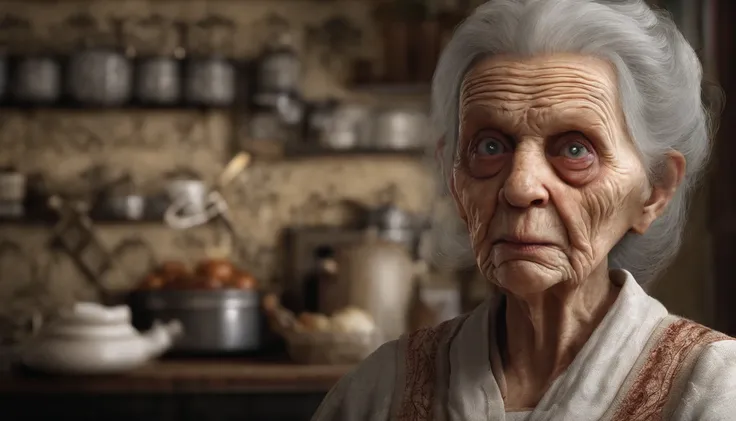 Cursed Old Woman, na casa dos 90 anos, fundo de uma cozinha escura, olhos todos pretos, Roupas escuras, candle in hand, virado para a frente, detalhado no rosto, Realistic image, cabelos grisalhos