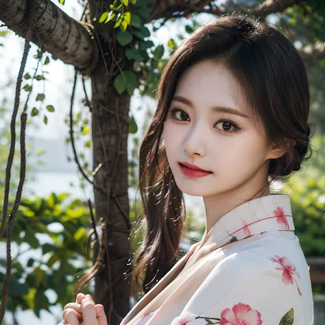 Tzuyu, kimono dress, tied hair, looking at view, sakura trees background, bokeh picture, 4k, ultra resolution, masterpiece