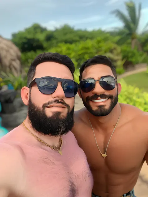 Um casal de homens, sem camisa, Wearing sunglasses, no estilo Disney pixer em alta qualidade