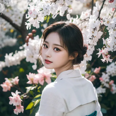 Tzuyu, kimono dress, sakura trees background, 4k, ultra resolution, masterpiece