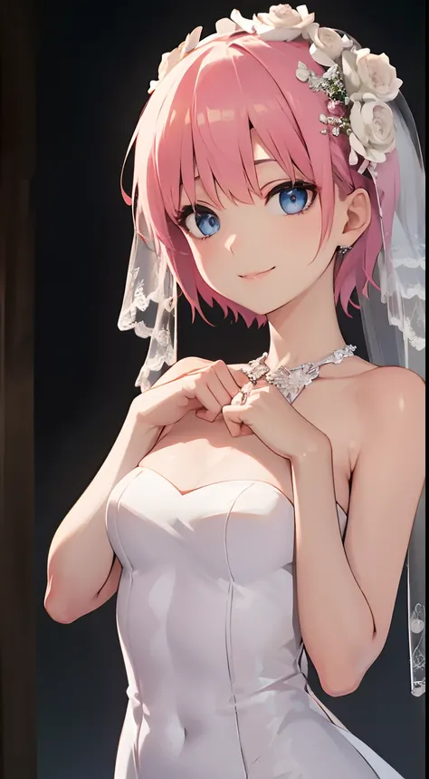 ichikanakano, ichika nakano, Short hair, Bangs, Blue eyes, hair between eye, Pink hair,
(wedding dress:1.4)
BREAK looking at viewer, BREAK (masutepiece:1.2), Best Quality, High resolution, Unity 8k壁纸, (Illustration:0.8), (Beautiful detailed eyes:1.1), extr...