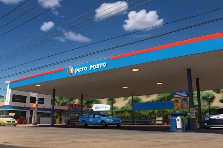 Um posto de combustivel estilo pixar com nome 2D Auto Posto, alta qualidade, melhor qualidade