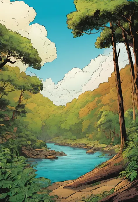 American comics, nature image, no people, hills, clouds, no buildings, inside southern tropical forest, trees, river