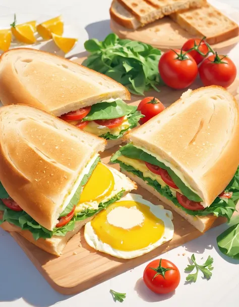 Healthy sandwiches,Omelet with whole wheat bread sandwich，Add lettuce、tomatoes,white backgrounid，One subject，Available in three colors: Red, Yellow and green，without humans