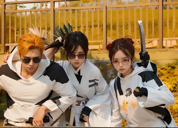 2 male and 1 female use white color shirt,2 male use sunglass and katana at there back