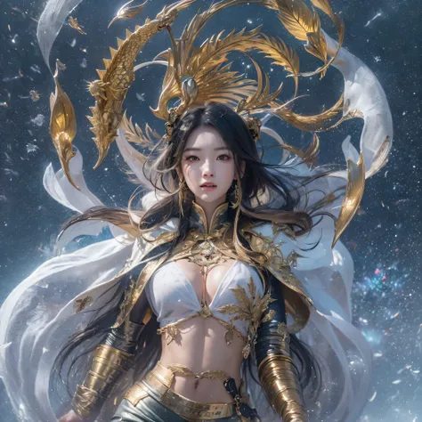 cinematic cgsociety，Fly the Nine-Tails Light Blue Sky Division Flame Bear Star，Black hair，Torch Night Black, Gold, Orange, Brocade, Silk Snake Print Silk Trousers，Rouge diamond tulle sheer lizard-patterned leggings，Fat woman flying in the snow of space，Fro...