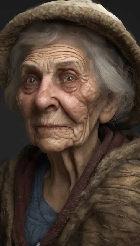 Cursed Old Woman, na casa dos 90 anos, fundo de uma cozinha escura, olhos todos pretos, Roupas escuras, candle in hand, virado para a frente, detalhado no rosto, Realistic image, cabelos grisalhos e longos, rosto sereno e feliz