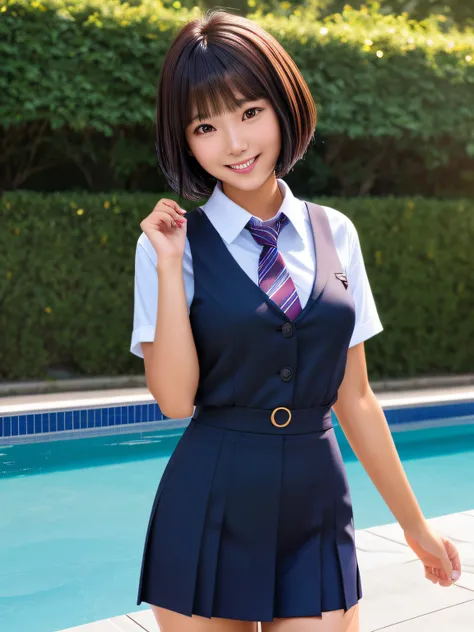 Product quality, 1 girl, upperbody shot, Front view, a Japanese young pretty girl, Bob Hair, Glamorous figure, For school uniforms, Standing by the pool with a big smile, Wet body, Wet hair, hyper cute face, Glossy lips, double eyelids for both eyes, Natur...