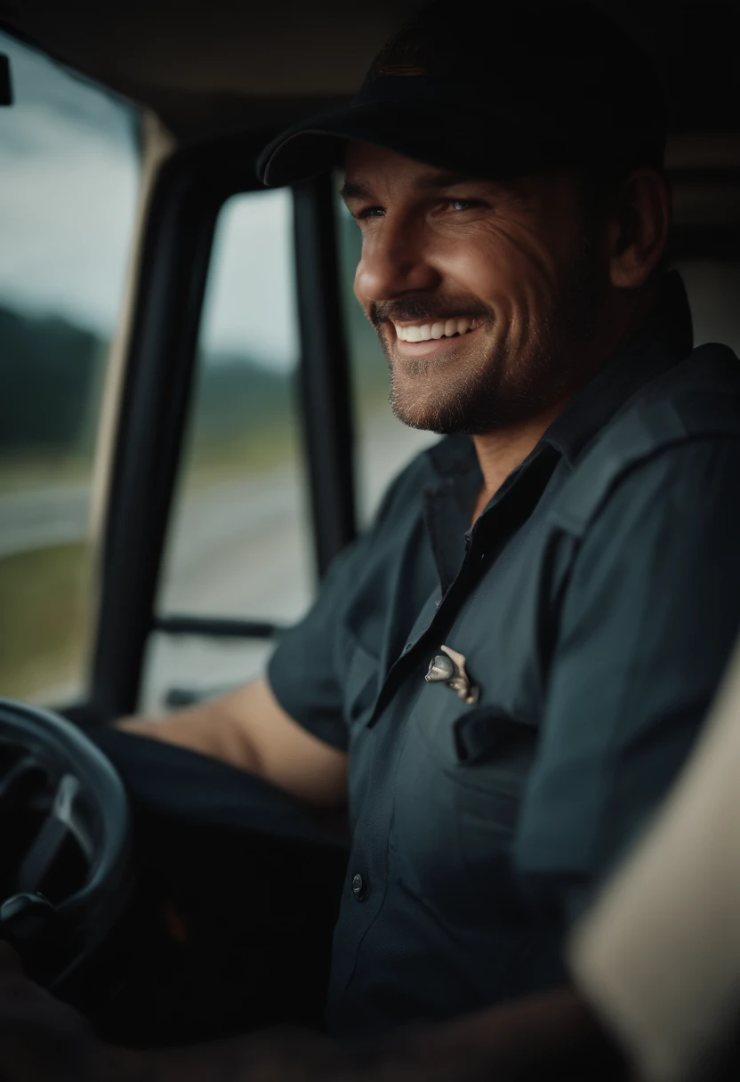 “An image of a truck driver smiling while driving a truck on a highway.”