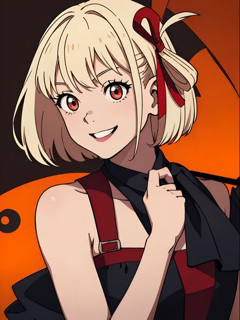 Halloween Backgrounds、(​masterpiece、top-quality:1.2)、((facing front:1.2))、A smile、With bangs、Young woman at 17 years old、((The upper part of the body:1.2))、Promotional Art、offcial art、Halloween Costumes、horor、doress、platinum-blonde、Red ribbons、Amber eyes