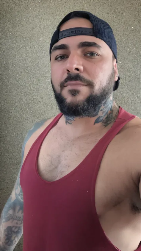 homem arafed com barba e regata vermelha, neck tattoo, musculoso, 3 2 anos, usando uma camiseta regata de corte baixo, 2 9 anos